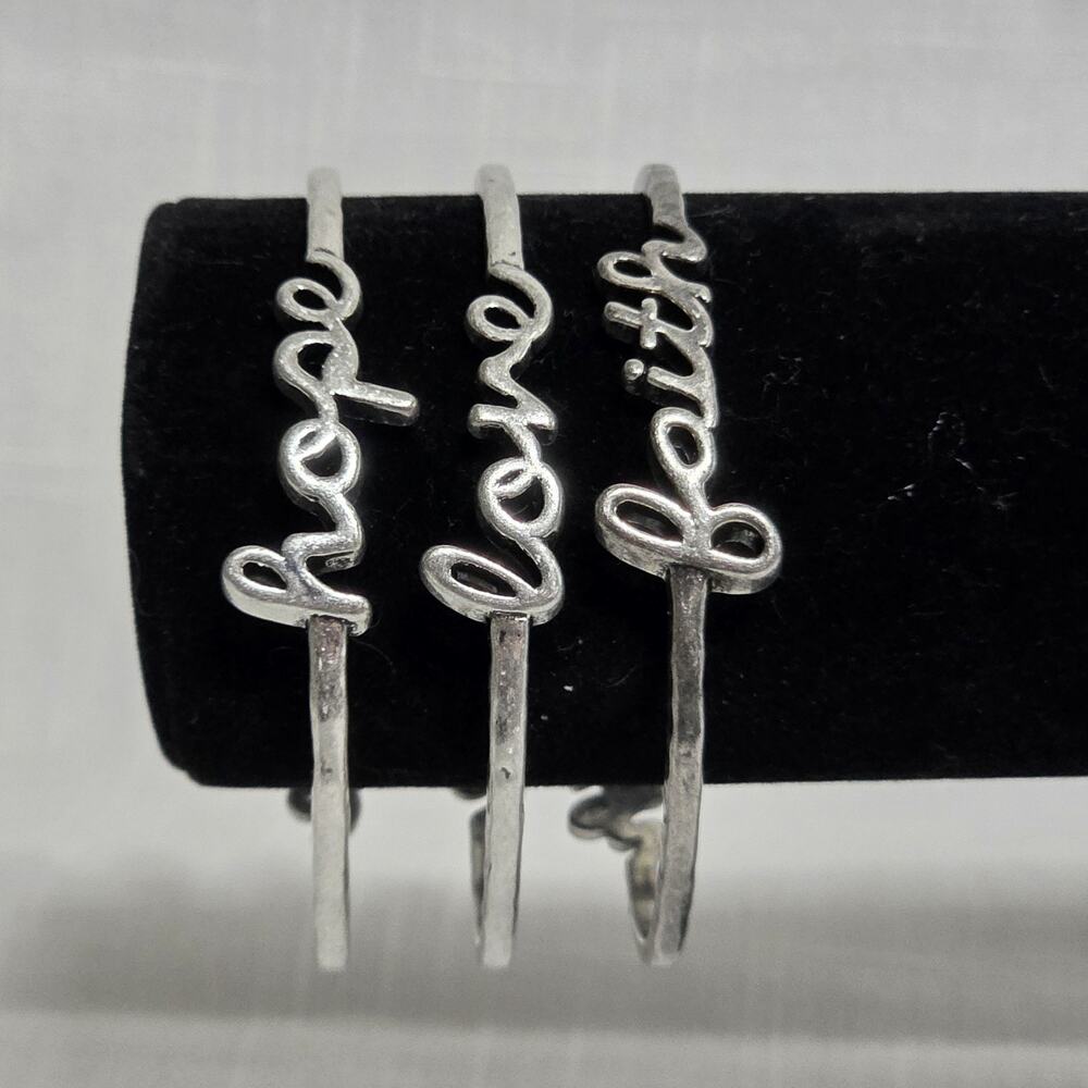 Inspirational Bangle Bracelets Love Hope Faith Silver Tone Stackable Set of 3
